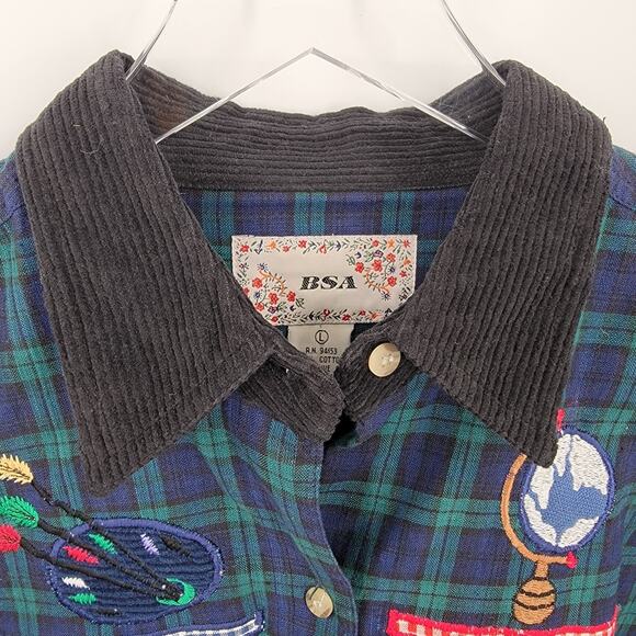 BSA Shirt Womens Large Plaid Blue Green Embroidered School Patches Teacher - Picture 8 of 12